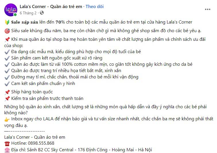 Mẫu content quần áo trẻ em cung cấp các chương trình khuyến mãi 3