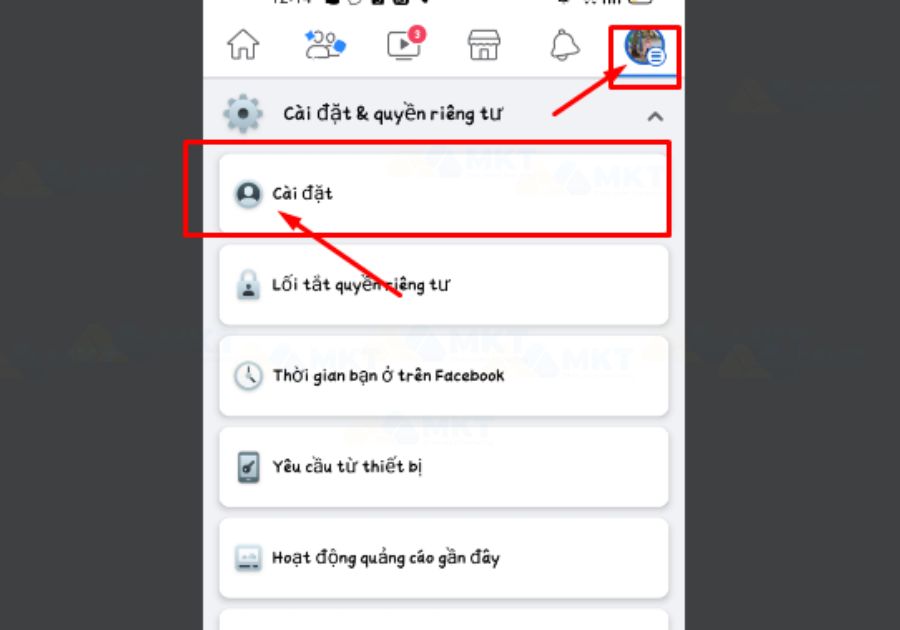 Chọn CÀI ĐẶT & QUYỀN RIÊNG TƯ => Nhấn chọn CÀI ĐẶT Chọn CÀI ĐẶT & QUYỀN RIÊNG TƯ => Nhấn chọn CÀI ĐẶT