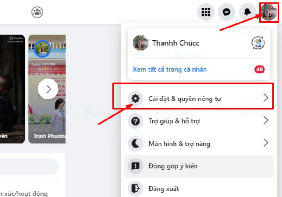 Chọn ẢNH ĐẠI DIỆN => sau đó chọn CÀI ĐẶT & QUYỀN RIÊNG TƯ. Chọn ẢNH ĐẠI DIỆN => sau đó chọn CÀI ĐẶT & QUYỀN RIÊNG TƯ.