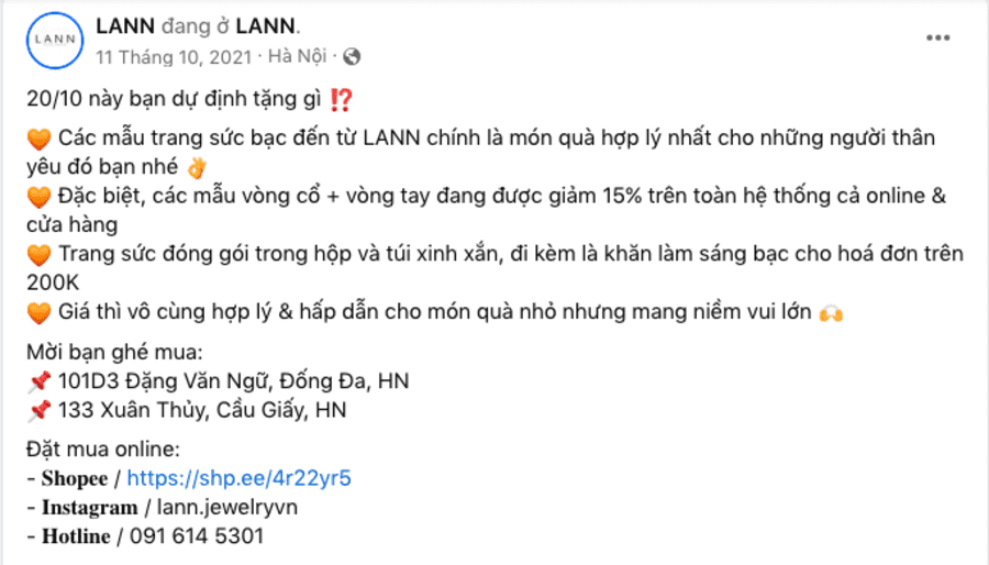 Content bán hàng 20/10 - bán trang sức bằng bạc Content bán hàng 20/10 - bán trang sức