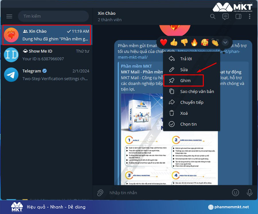 Click chuột phải vào tin nhắn và chọn Ghim Click chuột phải vào tin nhắn và chọn Ghim