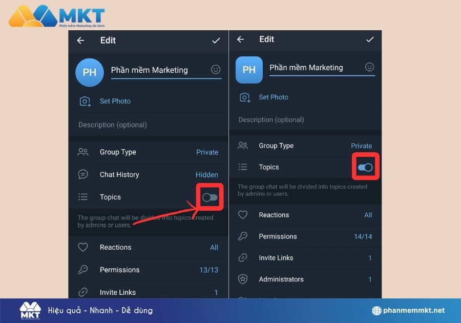 Bật phần topic Bật phần topic