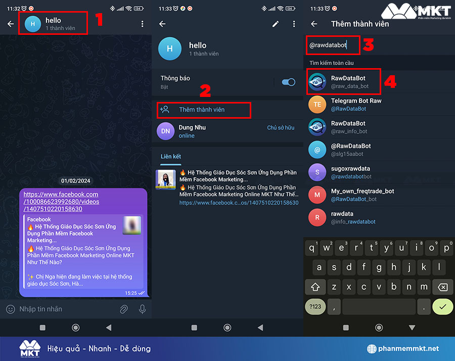 Thêm @RawDataBot vào group cần lấy ID Thêm @RawDataBot vào group cần lấy ID