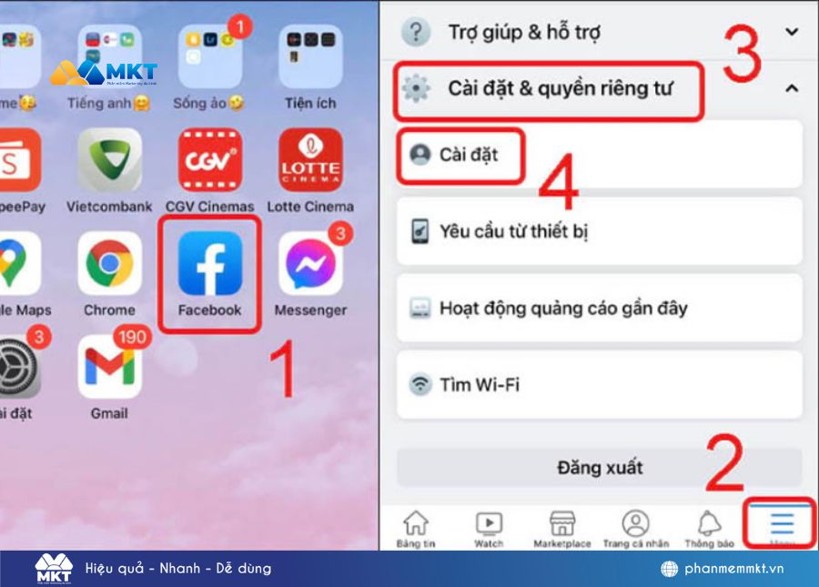 không nhận được mã xác minh Facebook Click chọn “Cài đặt và quyền riêng tư”